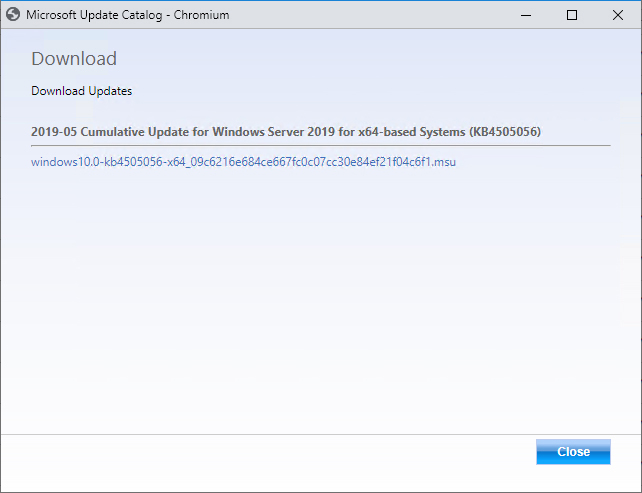 A screenshot shows a cumulative update for Windows Server 2019.