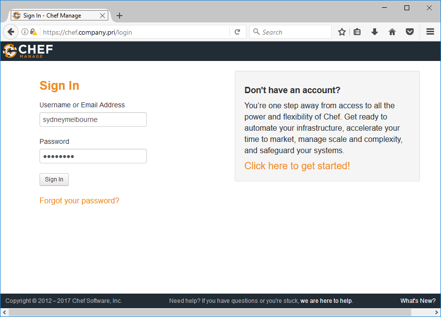 This screenshot shows the sign-in screen for the Chef console.