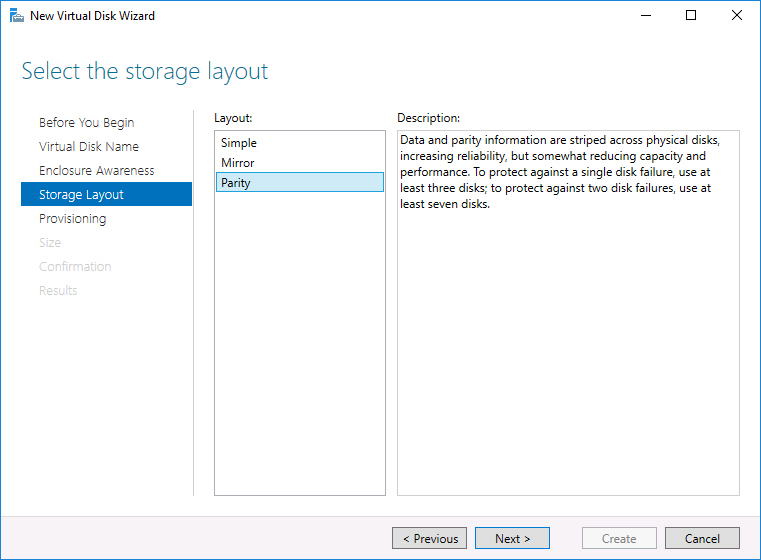 This screenshot shows the Storage Layout options when creating a new virtual disk. Parity is selected.