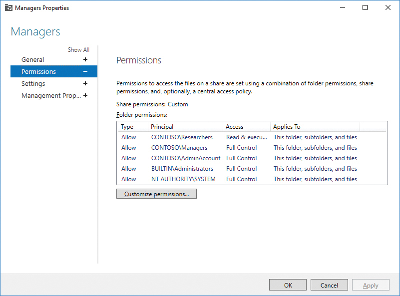 This screenshot shows the Permissions section of the Managers Properties window. A list of permissions for various users and groups is listed, and a Customize Permissions button appears below that list