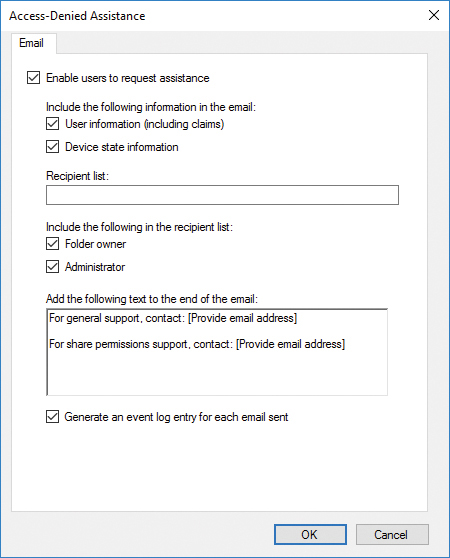 A screenshot shows the Access-Denied Assistance dialog box. All options on the dialog box are selected.