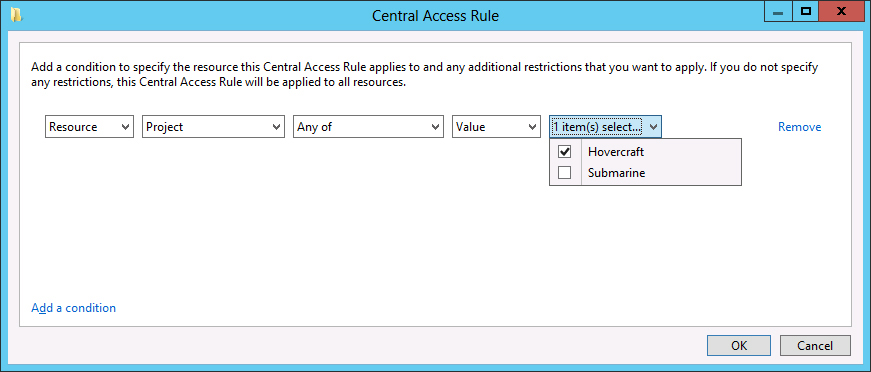 This screenshot shows the Central Access Rule dialog box. The Resource Project Any Of Value is set to Hovercraft.