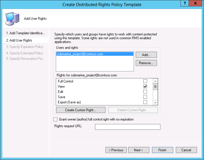 This screenshot shows the Create Distributed Rights Policy Template. The submarine_project@contoso.com group is selected.