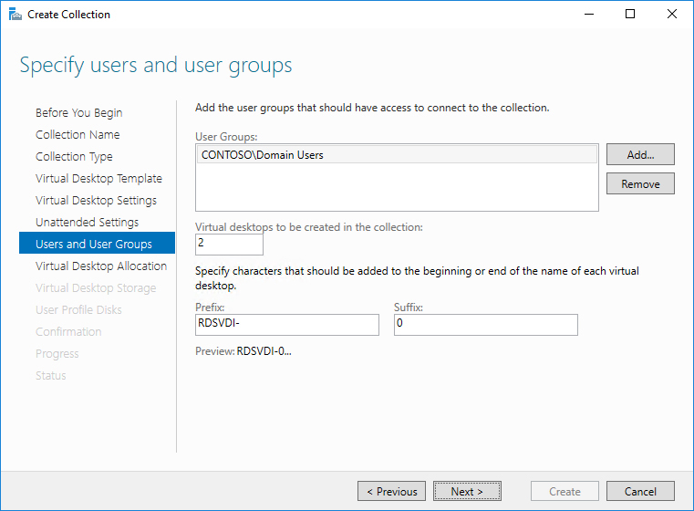 This screenshot shows the Users And User Groups page of the Create Collection Wizard. The user group specified is ContosoDomain Users, the number of virtual desktops to be created is 2, and the prefix is set to RDSVDI-0.