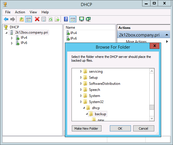 This screenshot shows the DHCP console, and the Browse For Folder dialog box, which is used to specify where the backup data should be stored.