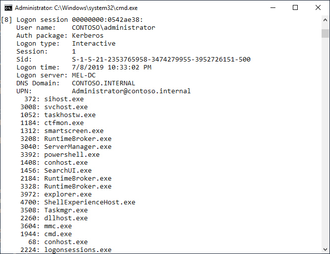 This screenshot shows the output of the Logon Sessions command, with details of the session of user COMPANYAdministrator displayed.