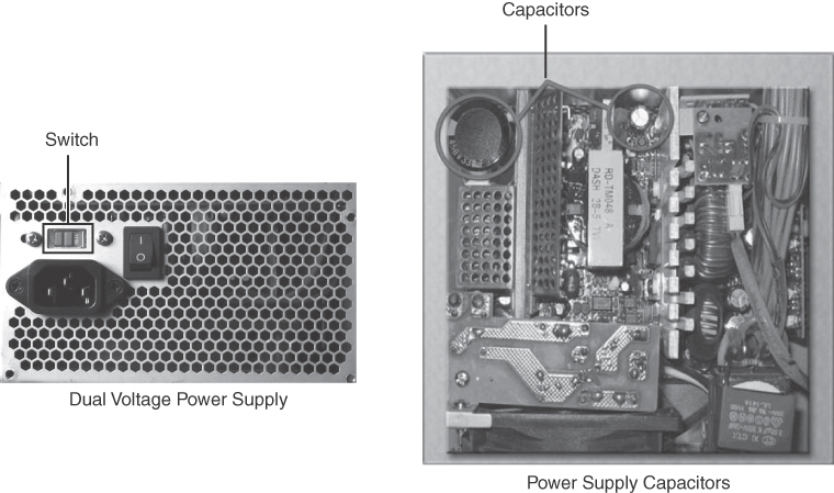 Two photographs depict the power supply voltage setting and capacitors. The first photograph shows the switch located at the backside of a dual voltage power supply. The second photograph shows the electronic capacitor located inside the power supply.
