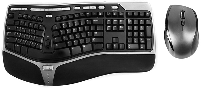 A photograph of an ergonomic keyboard and a mouse is shown. The architecture of both is designed differently than the traditional ones, which are more symmetrical.