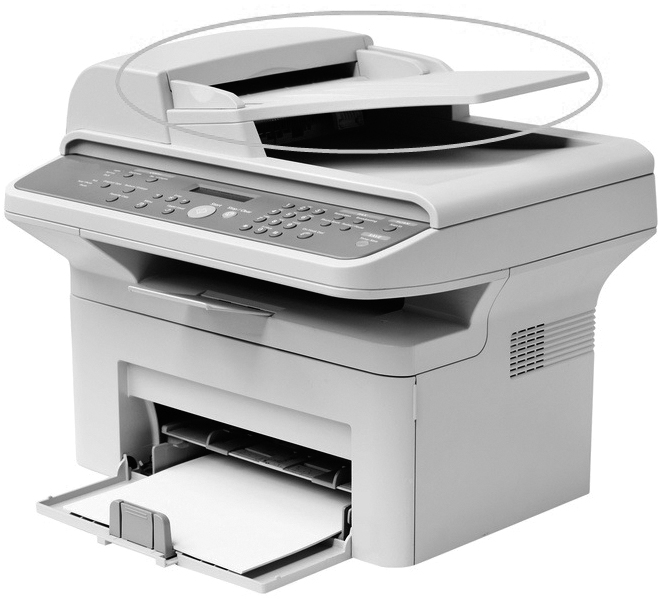 Photograph of a printer is shown where the automatic document feeder is present at the top.