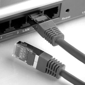 Photograph shows an Ethernet cable connected to the port.