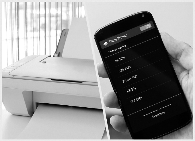 Figures illustrate cloud printing. The left half of the figure shows a printer, in which a paper is ejecting. The right-half of the figure shows the cloud printer application on a smartphone. In the application, various device names are shown under the title "Choose device".