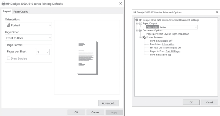 Two screenshots display the printing default settings and advanced options of a printer.