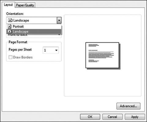 A screenshot illustrates the steps to set the paper orientation while printing.