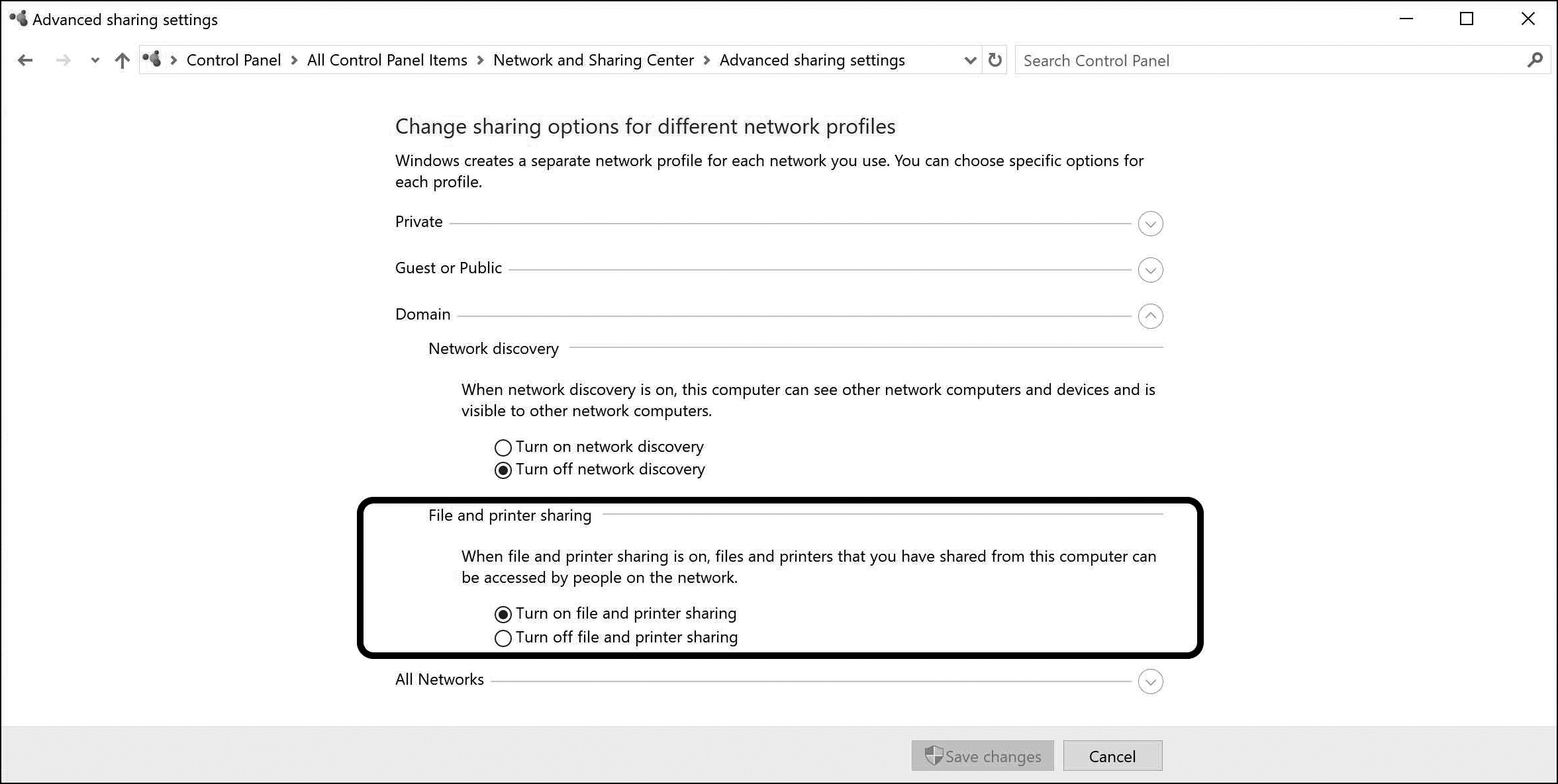 A screenshot of the advanced sharing settings window is shown.