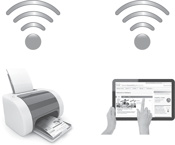A figure shows the printer and tablet connected through a wireless connection. The signal strength of the wireless connection is shown above each of these devices. The page displayed on the tablet is printed in a paper kept in this printer.