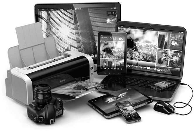 A photograph shows devices such as a printer, desktop, laptop, tablet computer, mobile phone, and a digital camera.