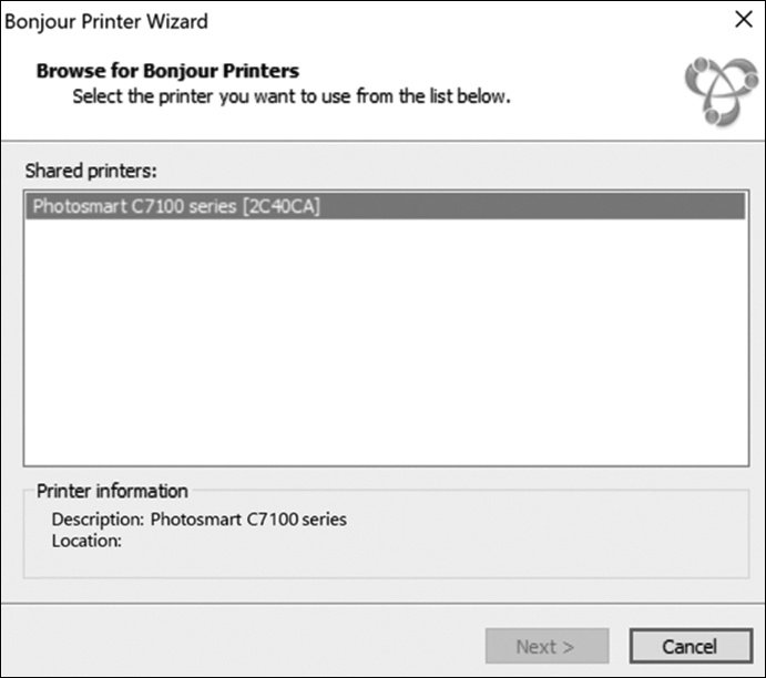 The bonjour printer wizard displays the shared printers section. A printer 'Photosmart C7100 series(2C40CA)' is listed here. The printer information is displayed below. Buttons namely next(disabled) and cancel are provided at the bottom.