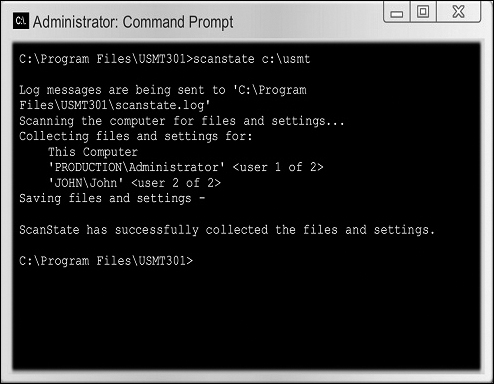 A screenshot of the Administrator Command prompt is shown. The command "usmt" is applied. On applying the command, the Log messages are sent to the C program and the computer scans for files. The scan is a success. The files and settings are collected.