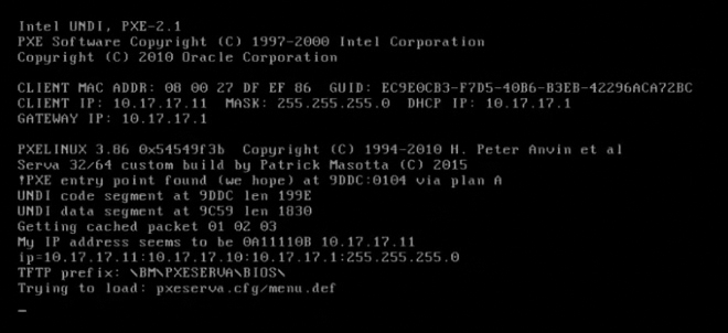A screenshot of the command prompt window shows the loading of setup files from the PXE server over TFTP. It lists the client MAC address, client IP address, mask, DHCP IP address, and gateway IP Address. The PXE entry point is found at 9DDC:0104 via plan A, the UNDI code segment is at 9DDC len 199E, and UNDI data segment is at 9C59 len 1830.