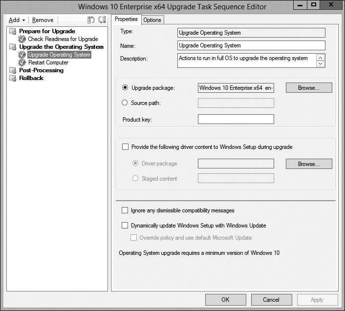 A screenshot of the Windows 10 Enterprise x64 Upgrade Task Sequence Editor.