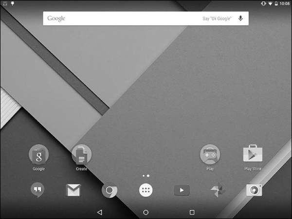 A screenshot shows an example of Android GUI, using a tablet device's home screen. Icons of different Google Apps are along the bottom of the screen. The battery status, notification, and connectivity status are on the top right.