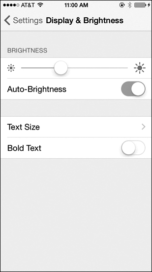 A screenshot shows iOS display and brightness menu.