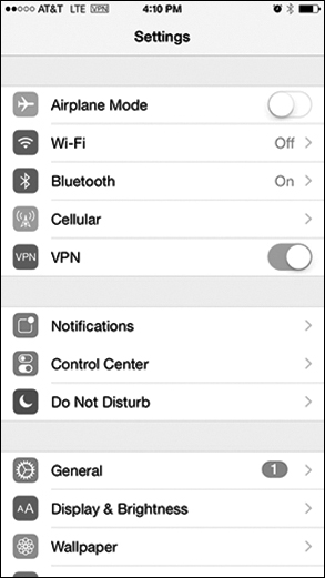 A screenshot shows the "Settings" page on an iOS device. Out of the options listed, the toggle button of VPN is set to ON.