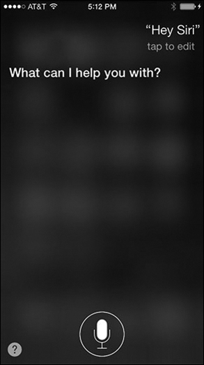 A screenshot shows the Siri assistant in an iOS device. At the top right, the default message "Hey Siri" tap to edit is displayed. Below it, the question, "What can I help you with?" is displayed. A microphone icon is displayed at the bottom.