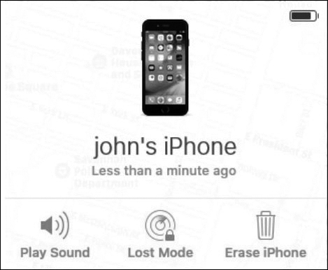 A screenshot shows the remote lock and remote wipe feature on the iPhone. The device "John's iPhone" less than a minute ago is shown. The options- play sound, lost mode, and erase the iPhone are present. The battery level is shown on the top-right corner.