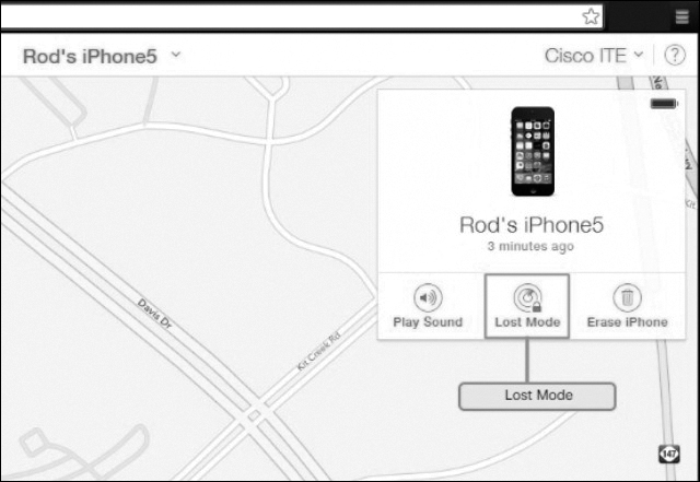 A screenshot shows the remote lock and remote wipe feature on the iPhone. The location of the device "Rod's iPhone" 3 minutes ago is marked on a map. The options- play sound, lost mode (highlighted and labeled), and erase the iPhone are present. The battery level is shown on the top-right corner.
