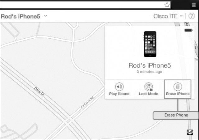 A screenshot shows the remote lock and remote wipe feature on the iPhone. The location of the device "Rod's iPhone" 3 minutes ago is marked on a map. The options - play sound, lost mode, and erase the iPhone (highlighted and labeled as erase iPhone) are present. The battery level is shown on the top-right corner.