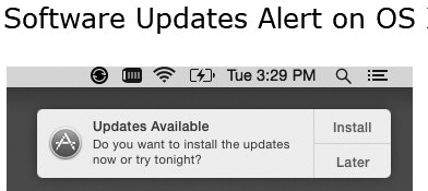 A screenshot shows the update alert of macOS. The alert appears with the message stating 'updates available' followed by the text, 'Do you want to install the updates now or try tonight?' Two buttons, install and later is present to the right of this text.