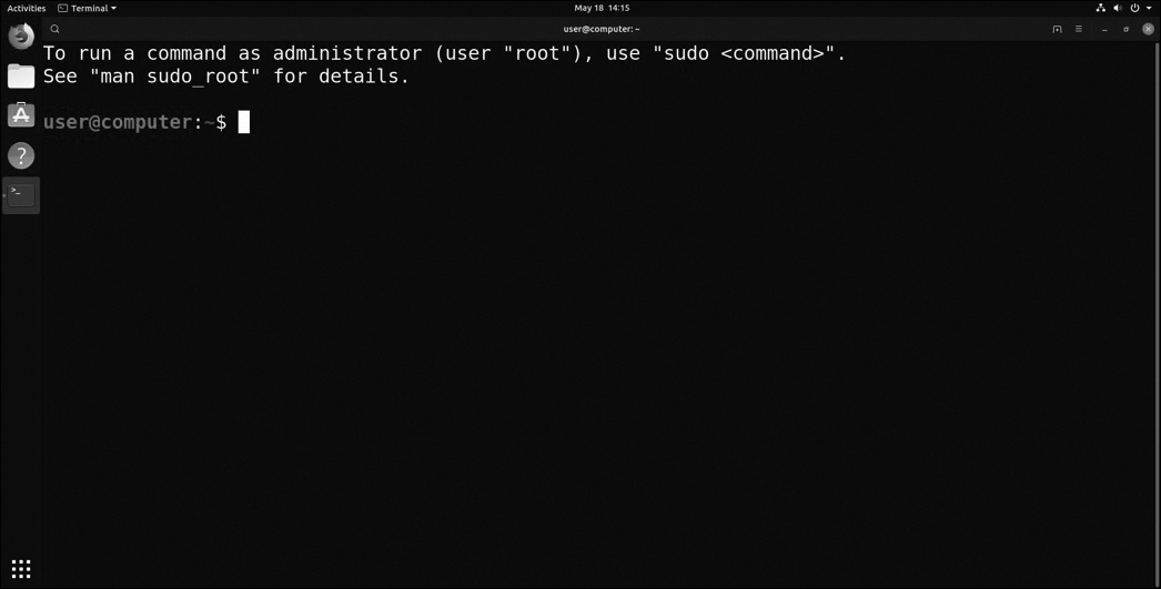 A Linux terminal displays a message on how to run any command as administrator and the syntax is "sudo" followed by actual command. The sudo_root man page will show more details.