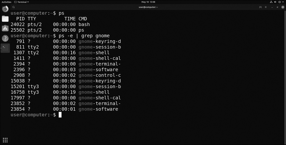 A screenshot of a terminal compares the usage of the "ps" command with and without specified options.