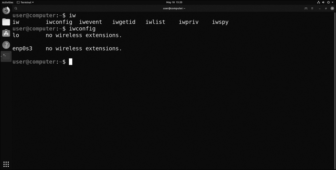 Linux terminal shows the output of the "iwconfig" command.