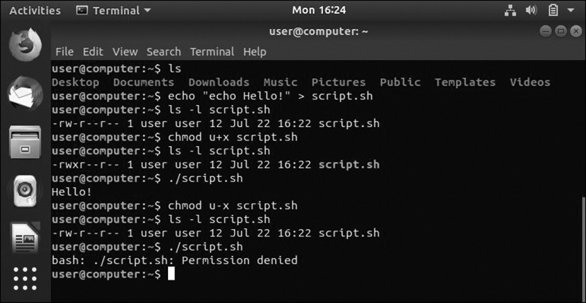 Linux terminal shows the output of the "chmod" command, which is used to change the permissions of the user-owned files.