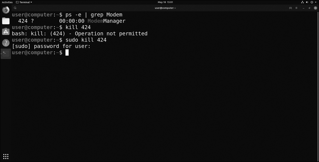 Linux terminal shows the output of the "sudo" command.