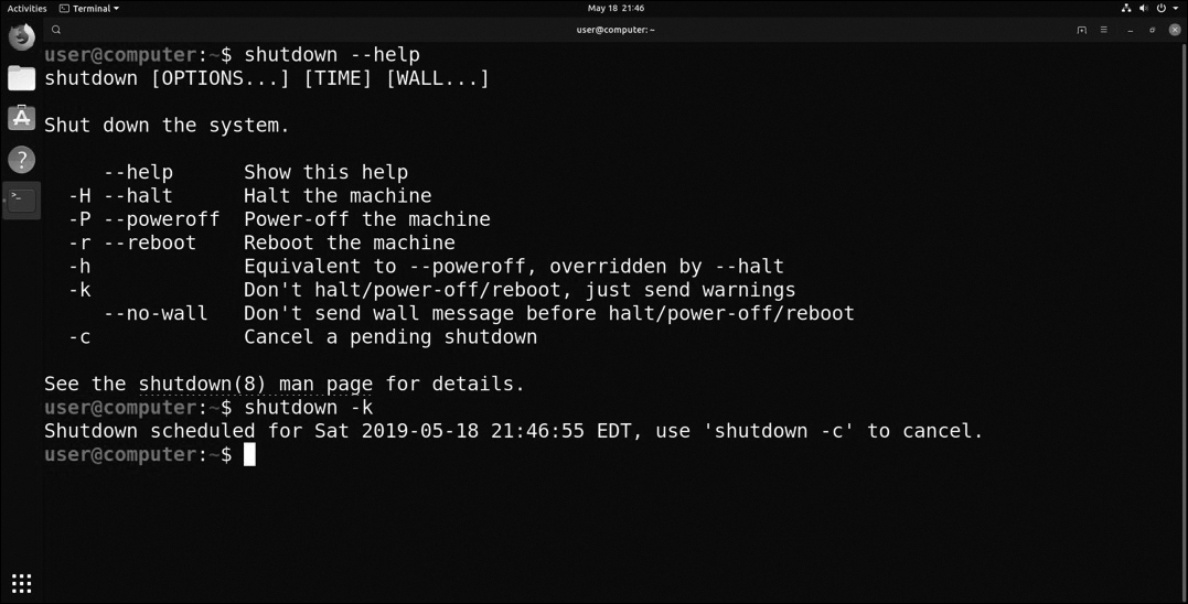 Linux terminal displays the output of the "shutdown" command.