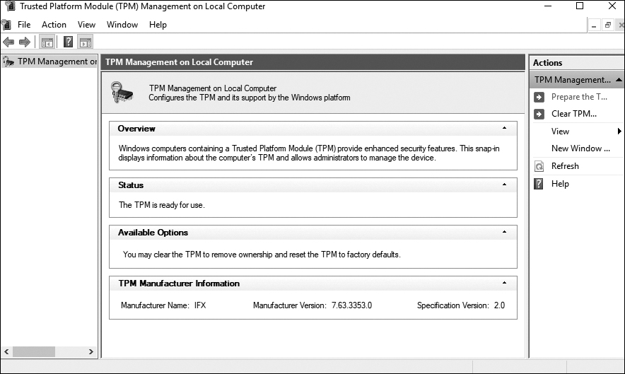 A screenshot of the trusted platform module management on a local computer is shown with five tabs at the top. The TPM management console contains the following information listed: overview, status, available options, and TPM manufacturer information.