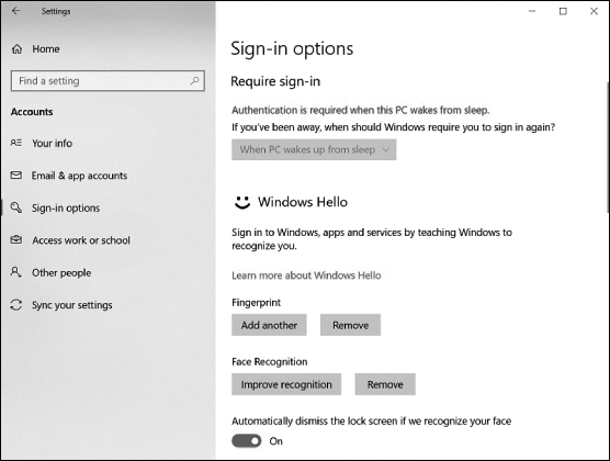 A figure represents the settings page for sign-in options on windows 10. The left pane represents the options under the accounts section. This reveals options of windows hello listed under the "sign-in options" on the right. The windows hello includes fingerprint and face recognition options.
