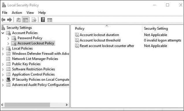 A screenshot shows the local security policy window to configure account policies.