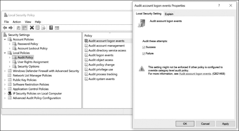 A screenshot illustrates the local security policy settings.