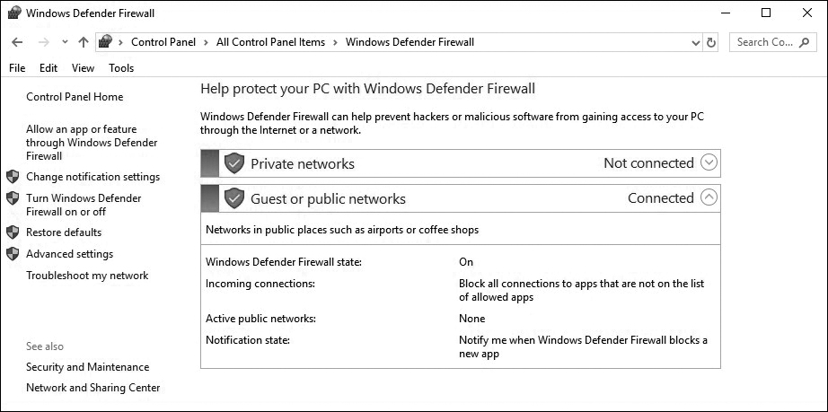 The Windows defender firewall is shown.