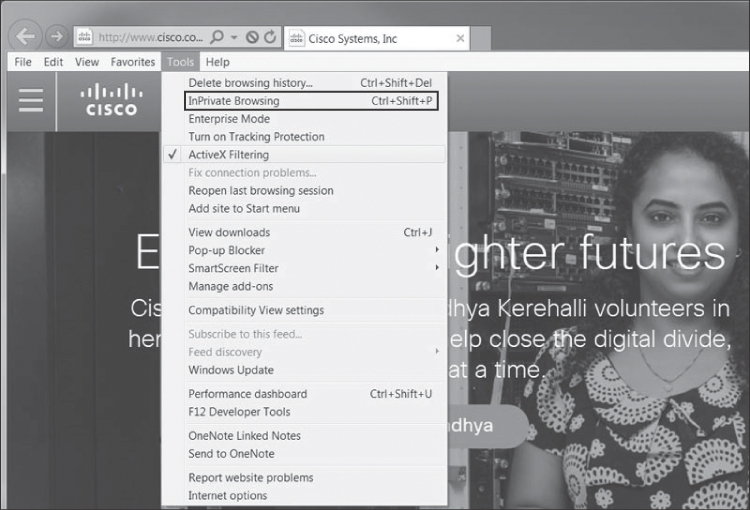 A screenshot of the internet explorer 11 is displayed. The Cisco Systems Incorporated website is opened and the option "InPrivate browsing" is highlighted under the "Tools" menu at the top left.
