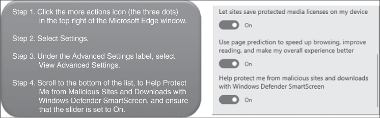 A screenshot shows how to enable a SmartScreen Filter in Microsoft Edge.