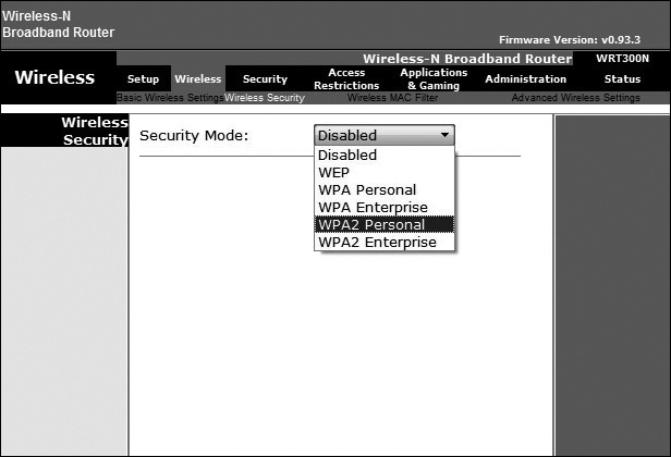 A screenshot of the Wireless-N Broadband Router window shows the selection of the WPA2 method. The Wireless tab is selected at the top. The WPA2 personal is selected in the drop-down list for the security mode.