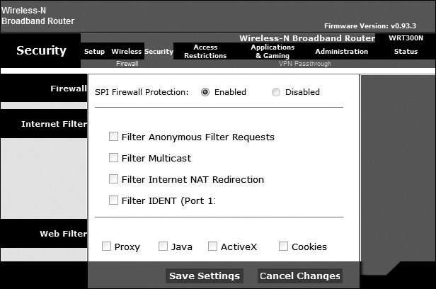 The SPI firewall protection settings in the Wireless-N Broadband Router window are shown.
