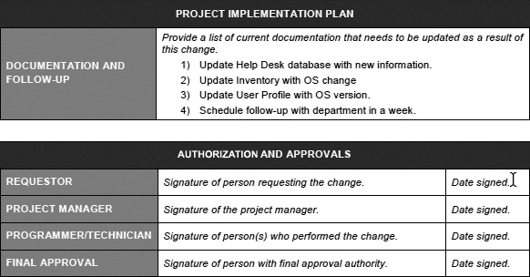 An example of a change control worksheet is shown.