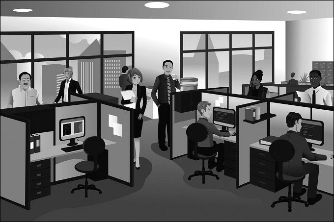 An illustration presents the workspace of the call center that includes a computer for each agent.