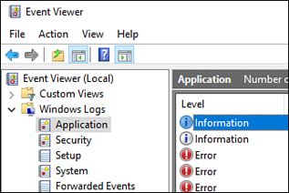 This screenshot shows the location of the Application event logs in the Windows Event Viewer app.